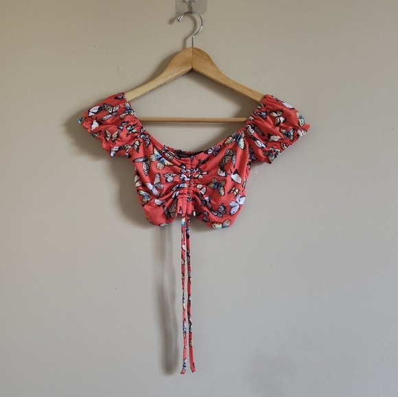 Almost Famous Butterfly Crop Top Size Small Pink Ruched Off Shoulder Y2K Style - Picture 1 of 7
